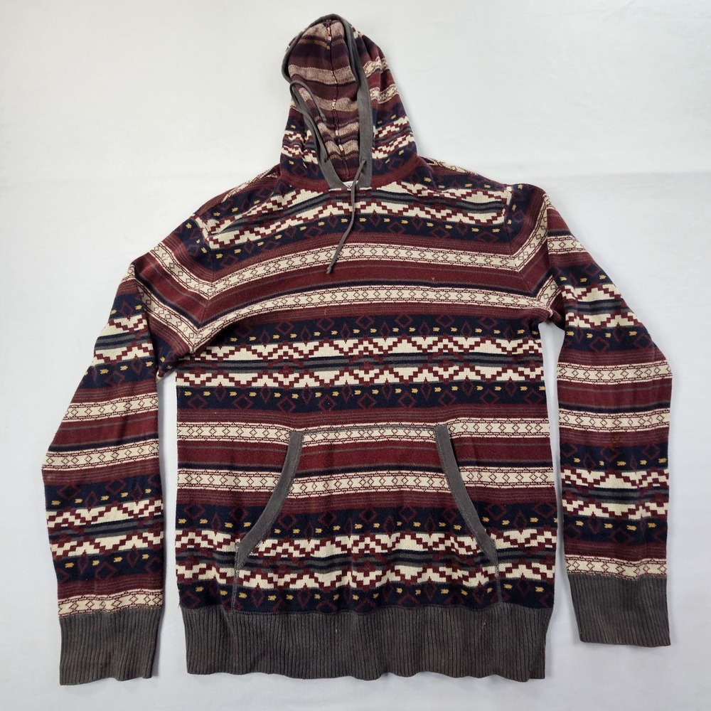 On the Byas Red Aztec Striped Long Sleeve Pullover Hooded Sweater Men's L